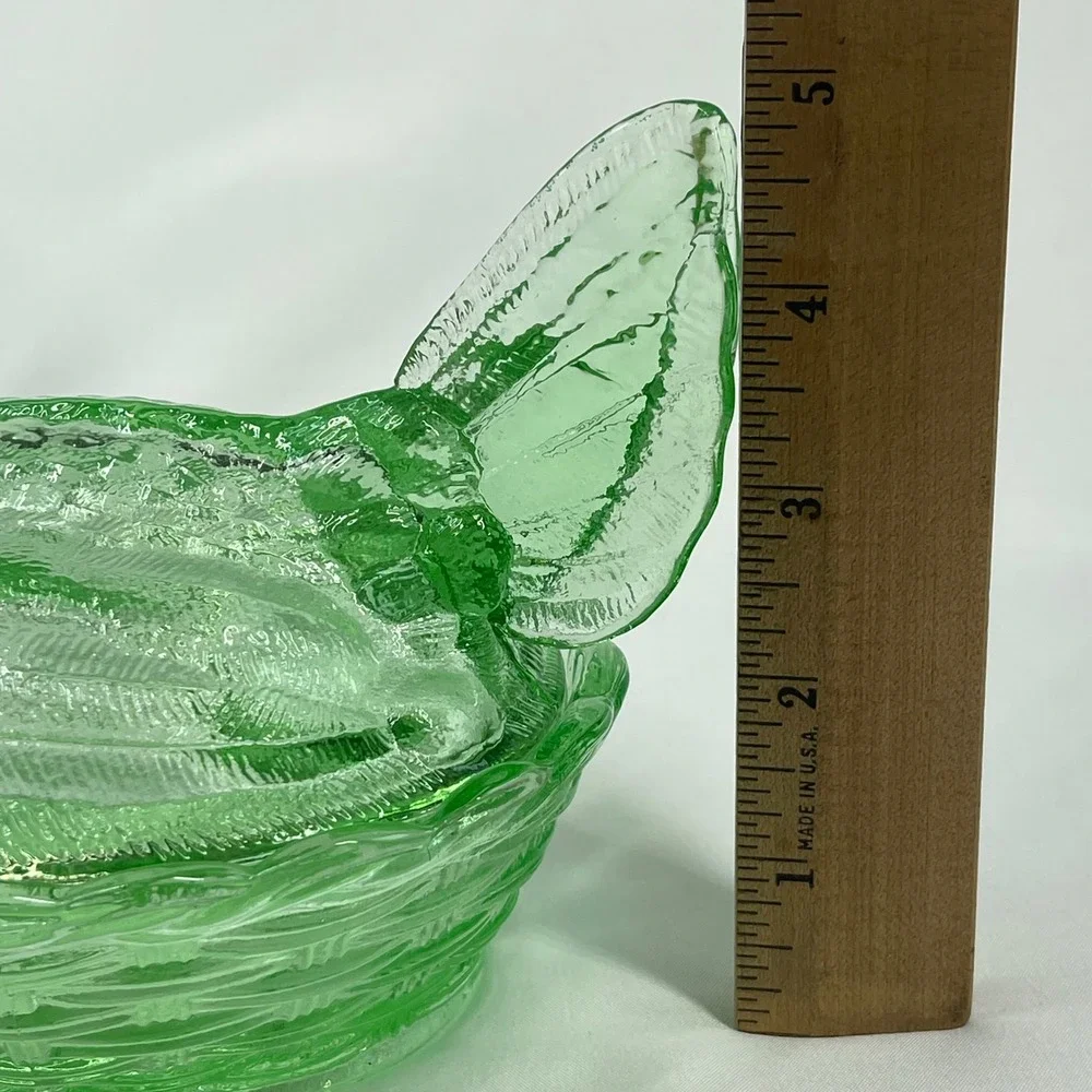 VTG LG Wright Green Glass Hen on Nest Split Tail Turned Head 6.5 Candy Dish
